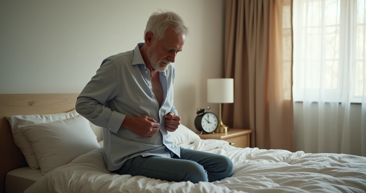 Pessoa idosa demorando para se vestir, expressão de leve frustração