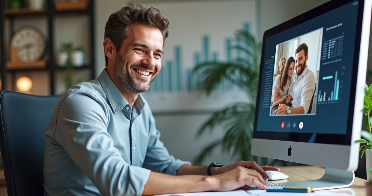 Homem fazendo atendimento financeiro online em computador, anotações na mesa 