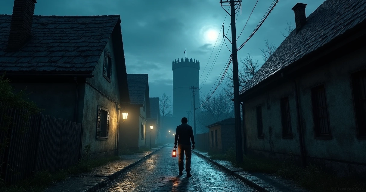 Leon S. Kennedy em um vilarejo sombrio, cercado por casas de madeira e uma torre de castelo ao fundo.