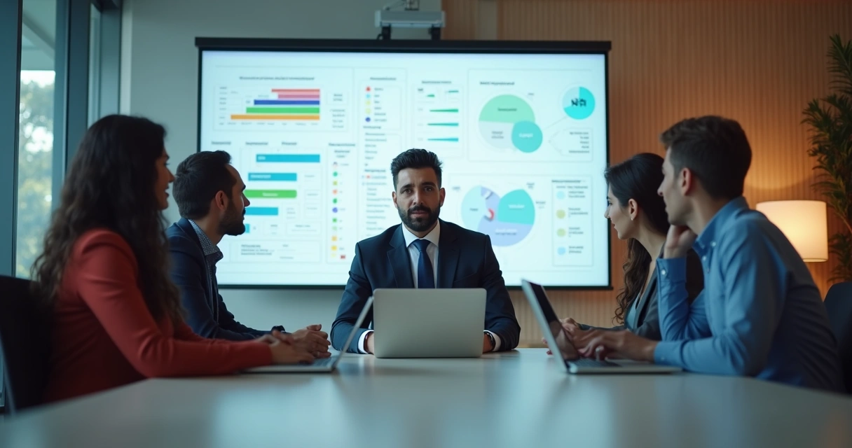 Leonardo Gomes orientando equipe em um escritório moderno, com quadro de estratégia ao fundo 