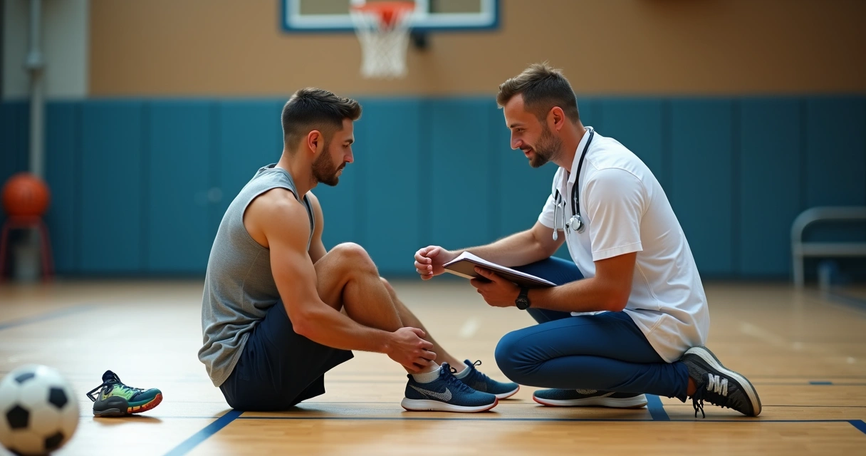 Ortopedista avaliando joelho de atleta com dor sentado em quadra esportiva 