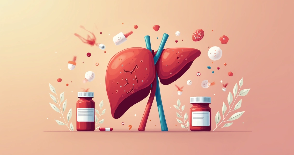 Manejo da hepatotoxicidade na terapia ripe da tuberculose 1 Ilustração de fígado com lesão hepática e medicamentos ao fundo