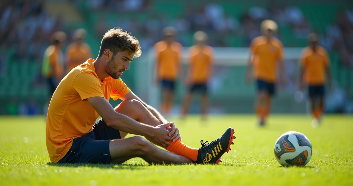 Pessoa massageando tornozelo após lesão esportiva no campo de futebol 