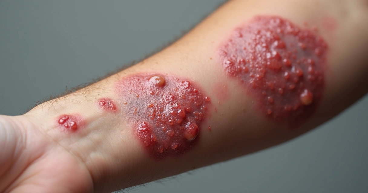 Lesão de psoríase no braço exibindo escamas prateadas 