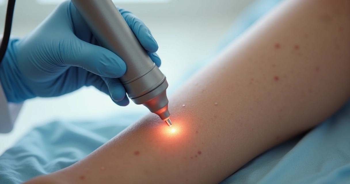 Aplicação de laser em lesão vascular na perna 