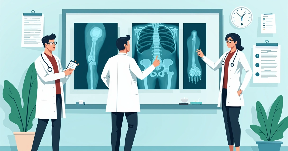 Ilustração de profissionais de saúde analisando radiografias e laudos médicos, mostrando diferentes tipos de lesões corporais. 