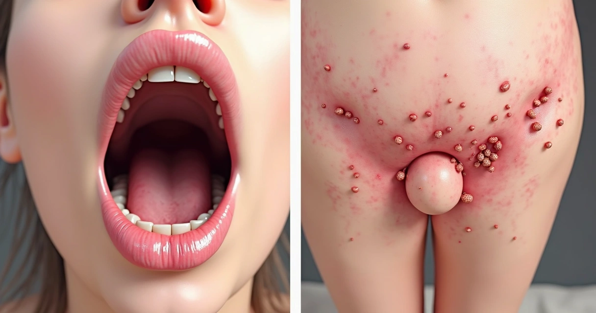 Ilustração mostra lesões típicas de herpes labial e genital