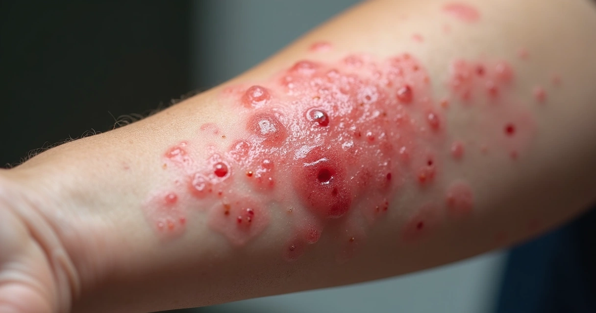 Lesões na pele causadas pelo herpes zoster, vermelhas e com bolhas, em um braço