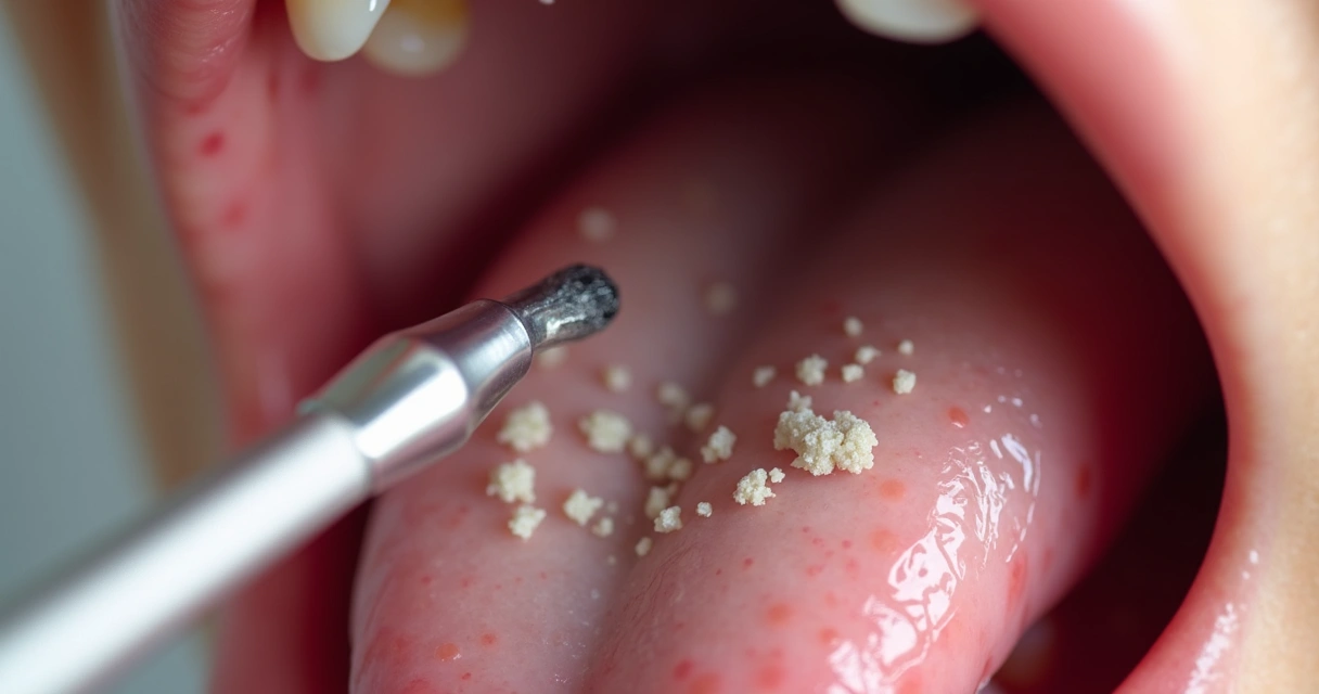 Lesões de HPV em mucosa bucal humana, aspecto clínico em detalhe visual. 