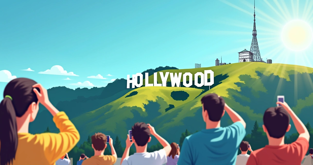Letreiro de Hollywood nas colinas verdes com céu azul ao fundo 