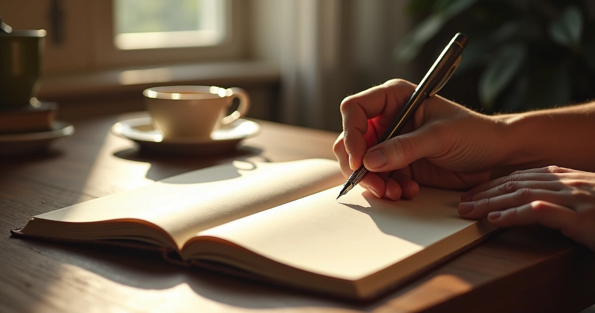 Open notebook on wood table, hand writing, cup of tea nearby, window sunlight 