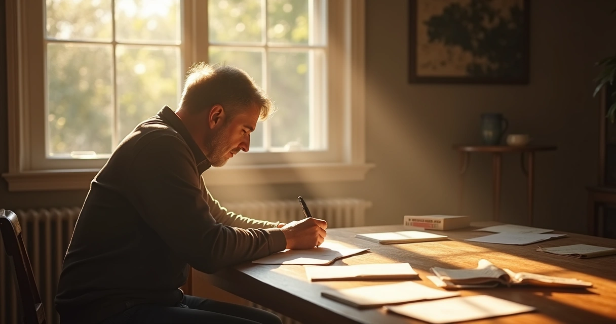 Person writing a letter at a desk, sunlight streaming in, symbolizing letting go.