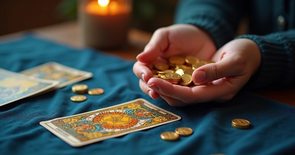 Tarot reading scene with hands letting go of coins on a cloth table 