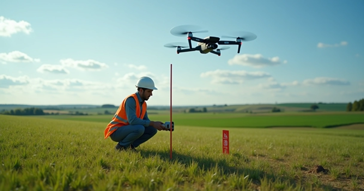 Engenheiro usando GPS em campo com drones ao fundo 