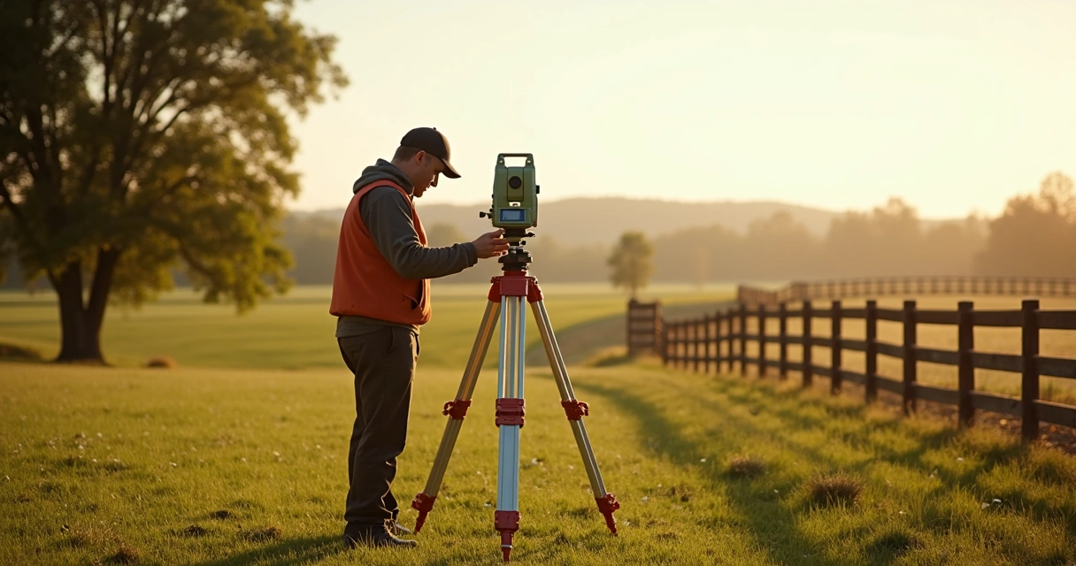 Profissional usando equipamento topográfico em área rural com árvores e cerca 