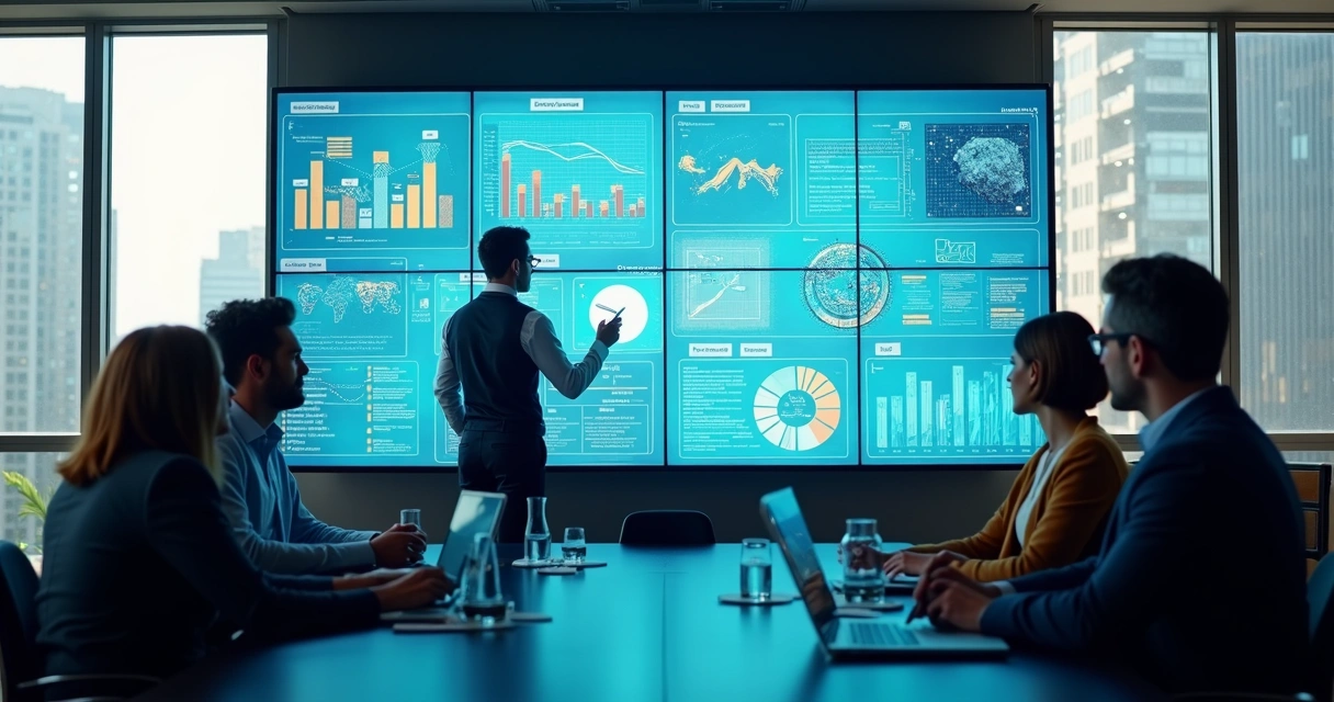 Profissionais analisando painéis de dados ESG em uma parede digital interativa 