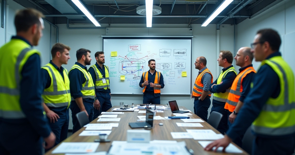 Equipe reunida em torno de prancheta analisando dados de manutenção 