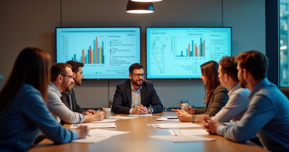 Equipe de RH reunida analisando papéis e dados digitais sobre riscos psicossociais.