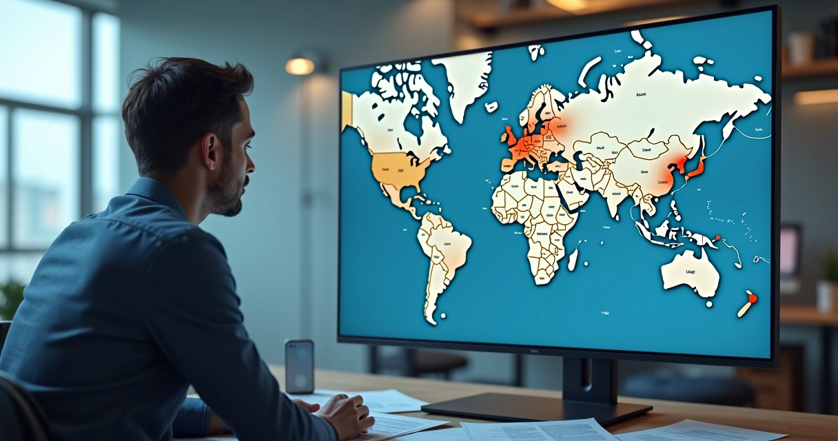 Profissional analisando mapa do Brasil em tela com pontos marcados e gráfico em alta 