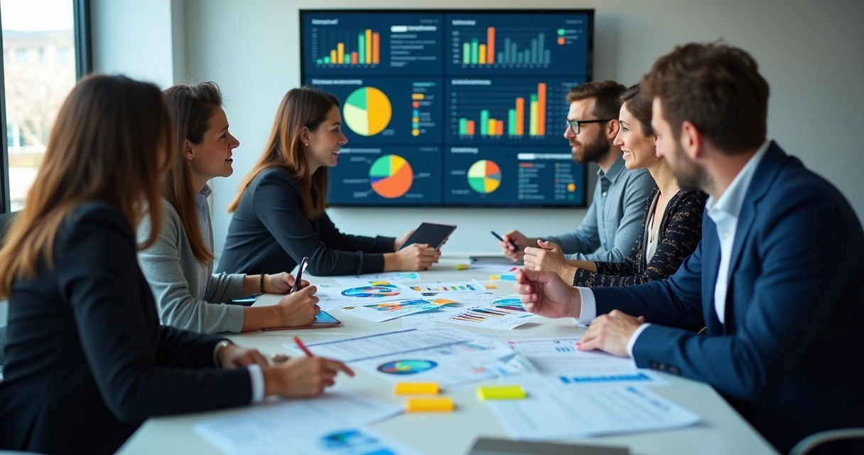 Equipe analisando gráficos e dados em telas durante reunião 