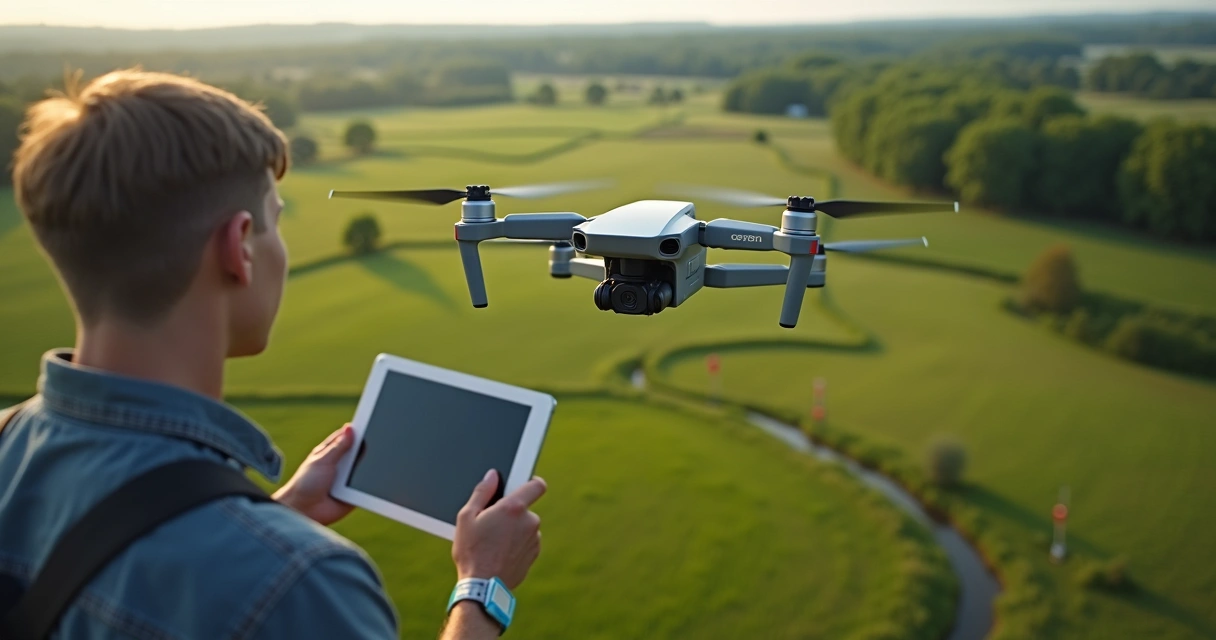 Drone sobrevoando área rural realizando levantamento topográfico 