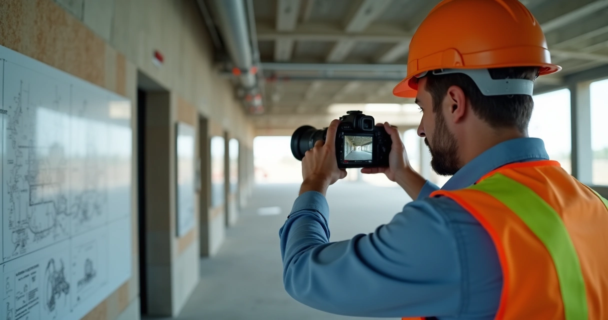 Engenheiro fazendo levantamento fotográfico em obra de construção civil 