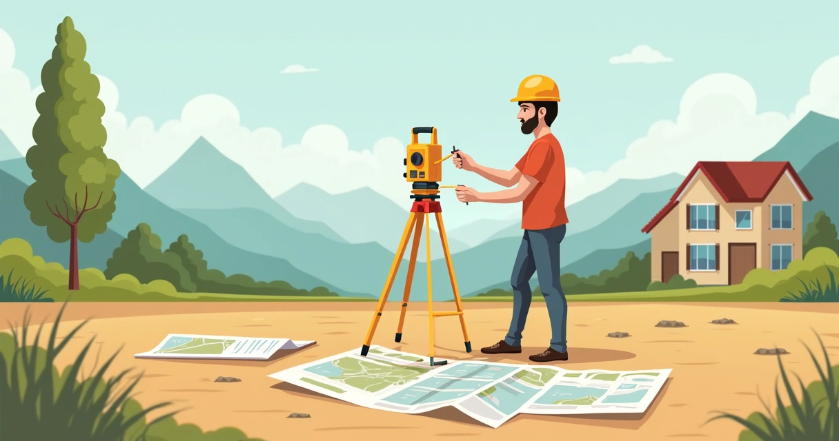 Profissional realizando levantamento topográfico de imóvel com equipamentos no terreno 
