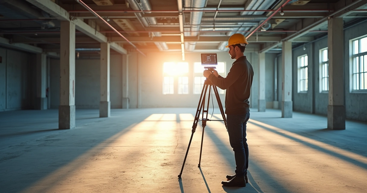 Engenheiro usando scanner a laser em obra para as built 