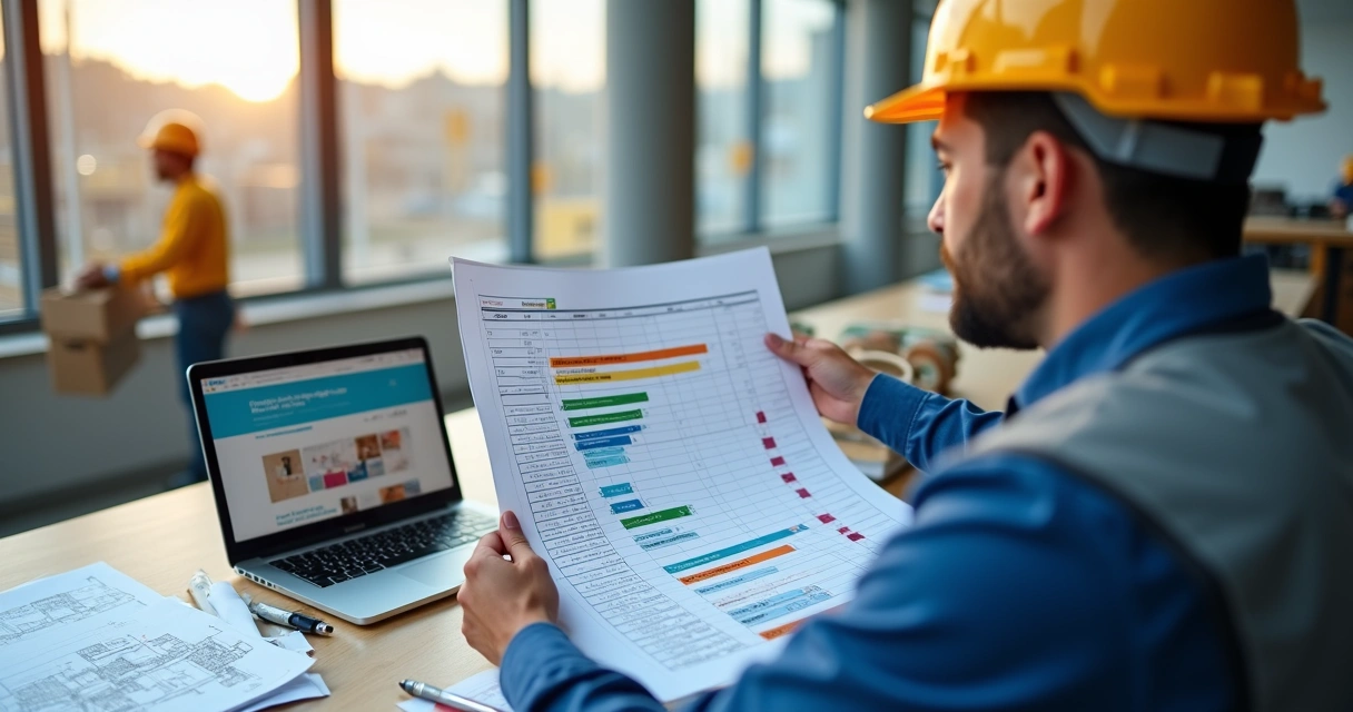 Engenheiro analisando lista de materiais com cronograma na obra