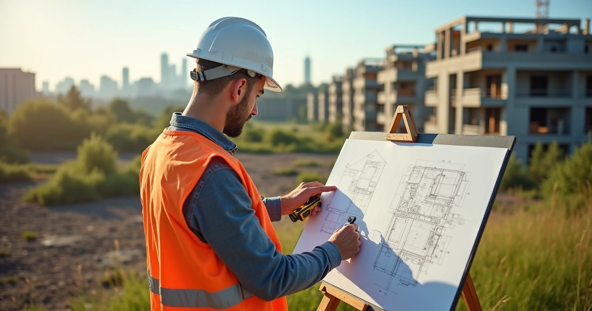 Topógrafo realizando levantamento planialtimétrico em terreno urbano com equipamentos modernos 