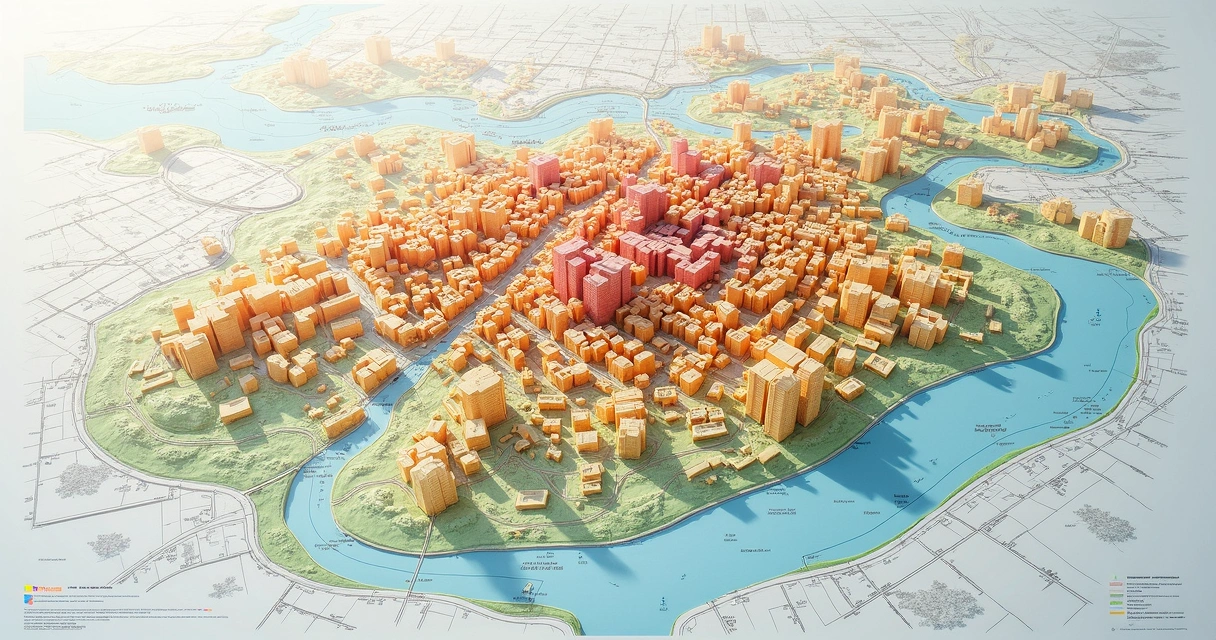 Vista superior de mapa planialtimétrico com curvas de nível em área urbana 