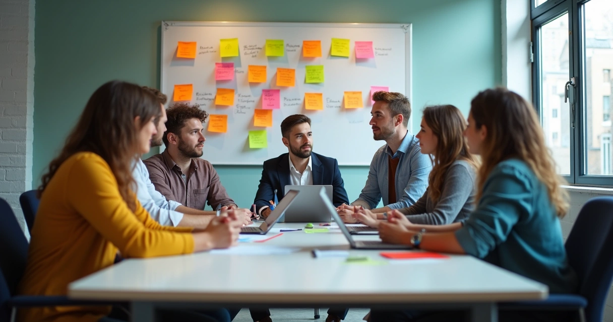 Colaboradores reunidos com post-its em uma sala de reuniões, discutindo processos. 