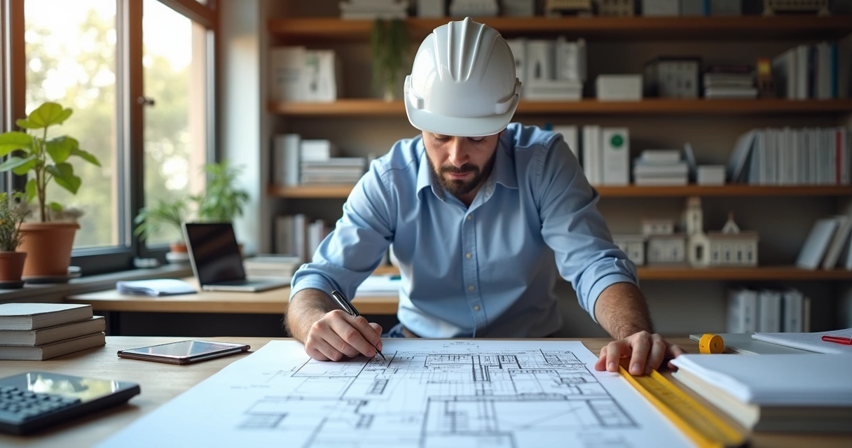 Profissional analisando plantas de construção na mesa com ferramentas e materiais de obra 