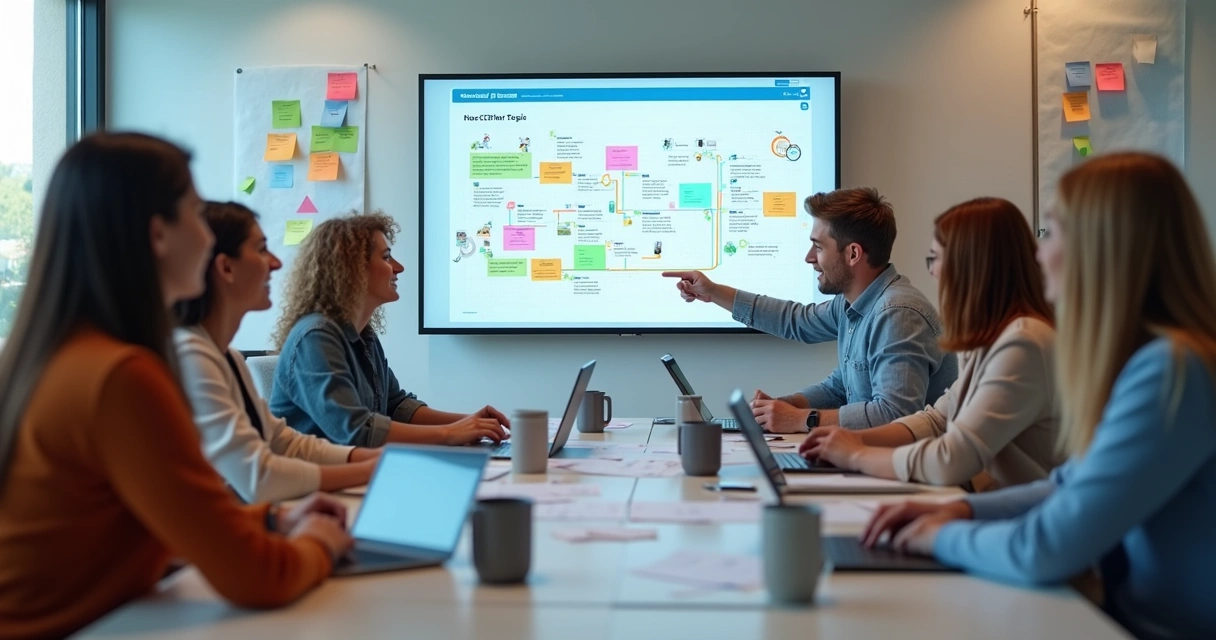 Pequena equipe reunida discutindo fluxos de trabalho e painéis em sala moderna 