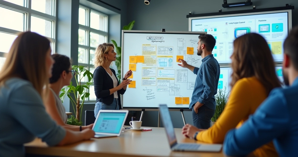 Profissionais reunidos mapeando requisitos em painéis digitais 