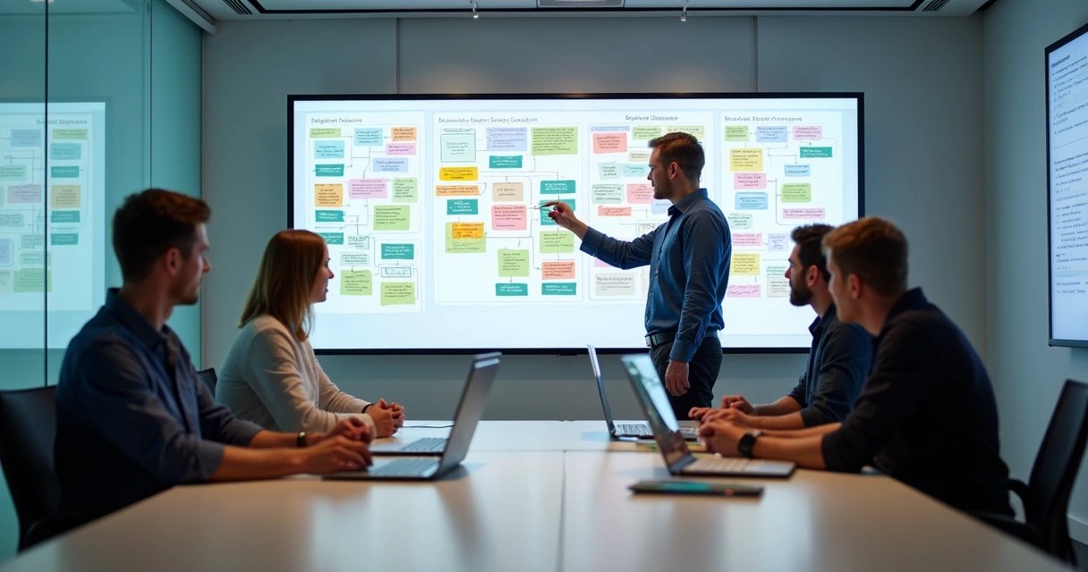 Profissionais reunidos analisando fluxos de negócios em quadros brancos