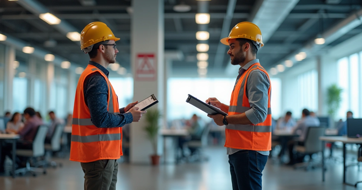 Profissionais avaliando riscos em ambiente de trabalho com pranchetas e equipamentos de proteção 