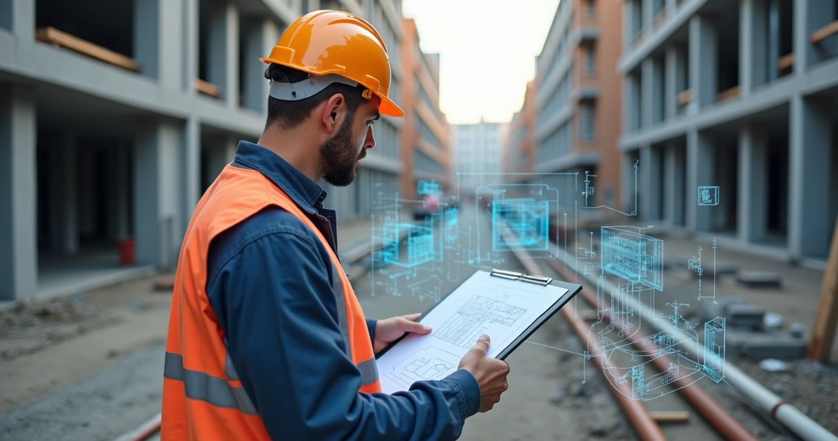 Engenheiro com prancheta analisando planta de construção civil