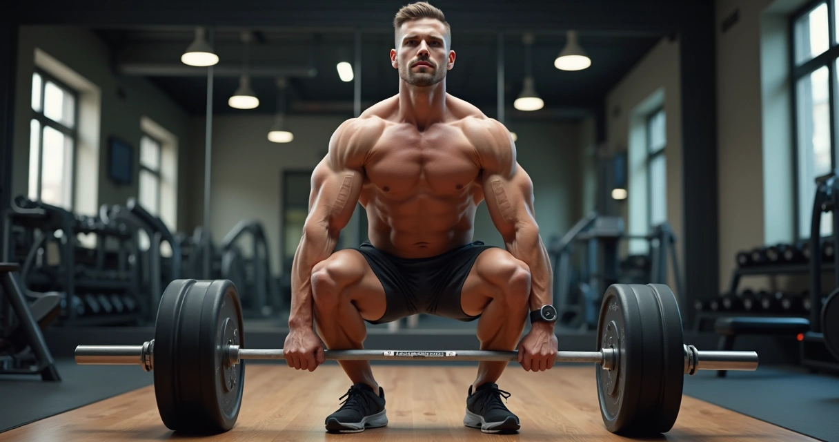 Pessoa faz levantamento terra em academia, barra com pesos nas mãos 