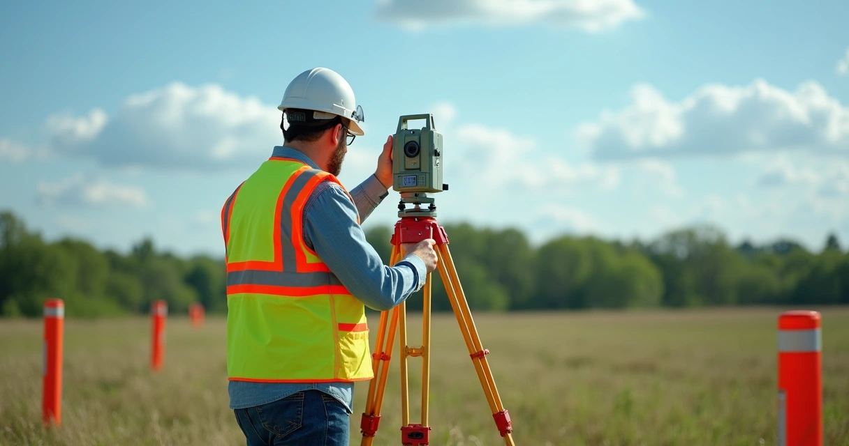 Técnico de topografia usando estação total em campo com vegetação ao fundo 
