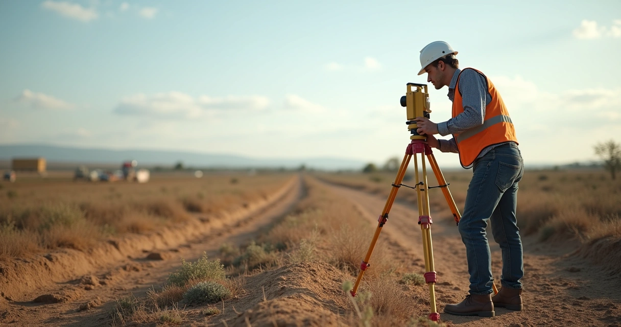 Topógrafo usando estação total em área rural, analisando terreno