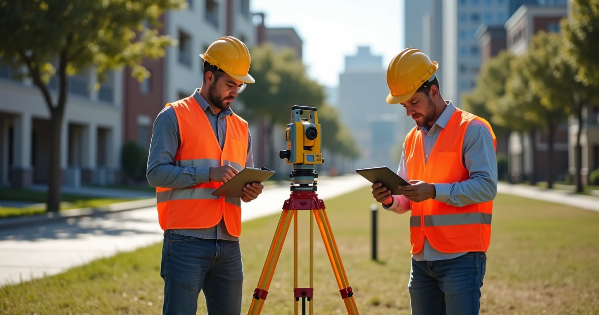 Levantamento topográfico sendo realizado em campo urbano 