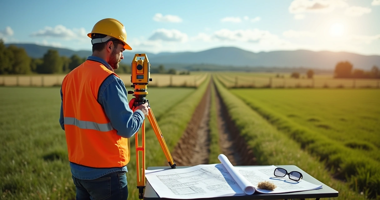 Engenheiro perito realizando levantamento topográfico de divisa de terras em campo 