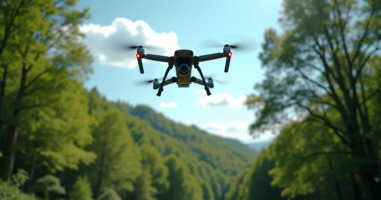 Drone sobrevoando floresta para levantamento topográfico com sensores visíveis 