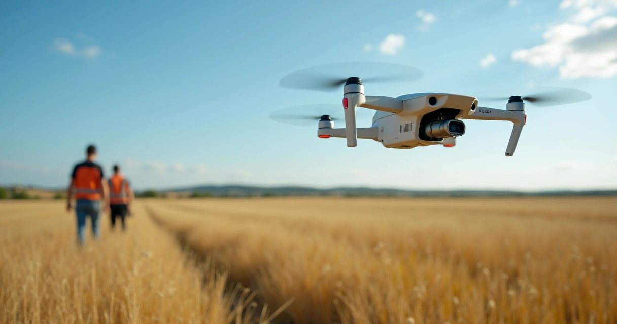 Drone sobrevoando campo aberto, coletando dados de topografia 