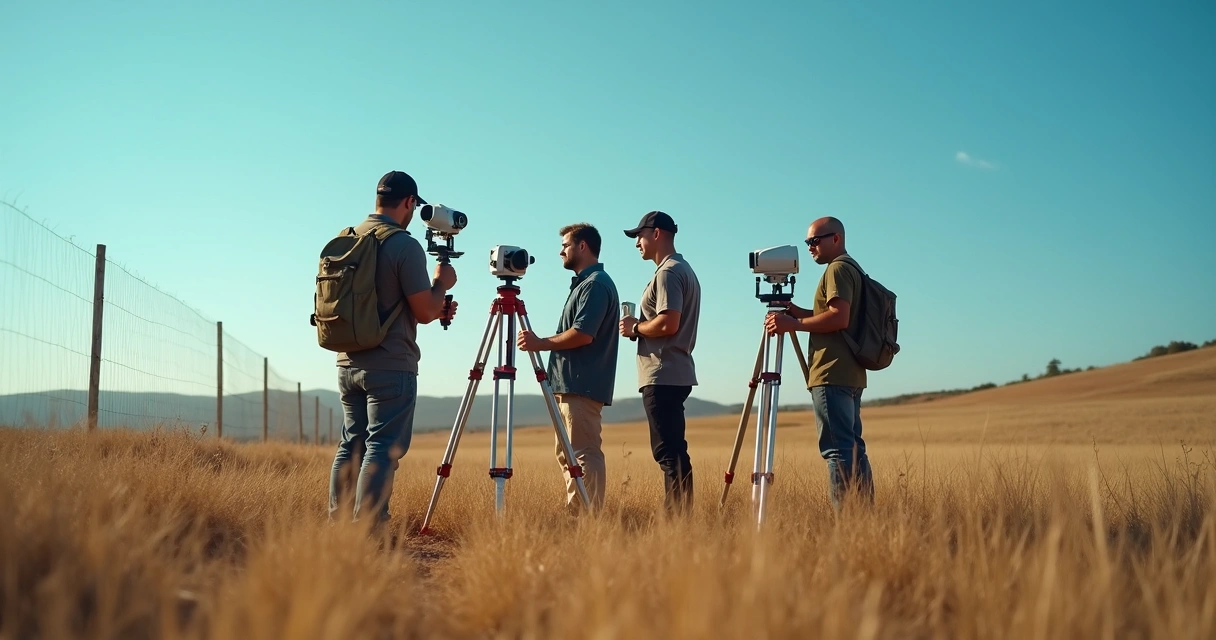 Equipe de topografia realizando medições em campo com equipamentos modernos 