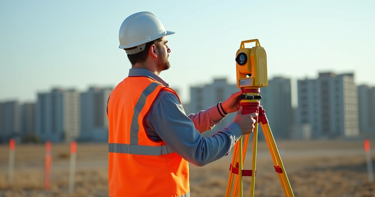 Engenheiro realiza levantamento topográfico em terreno urbano. 