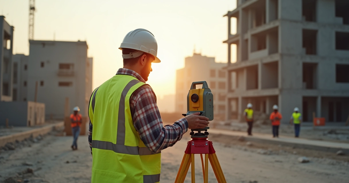 Engenheiro apontando equipamento de topografia em canteiro de obra 