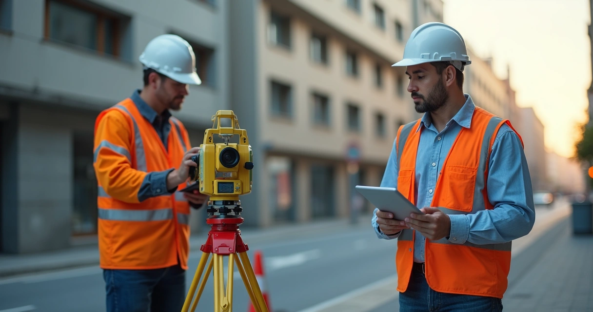 Equipe realizando topografia em área urbana usando GPS 