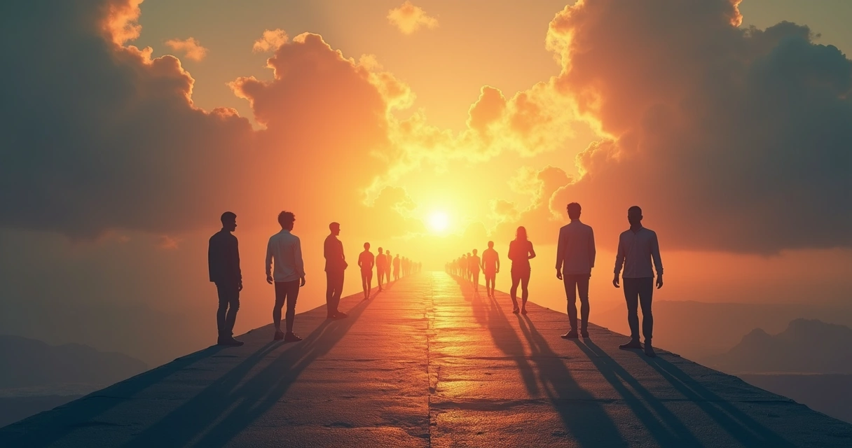 Progressive path with different people at various stages of self-awareness, appearing more open and present along the way 